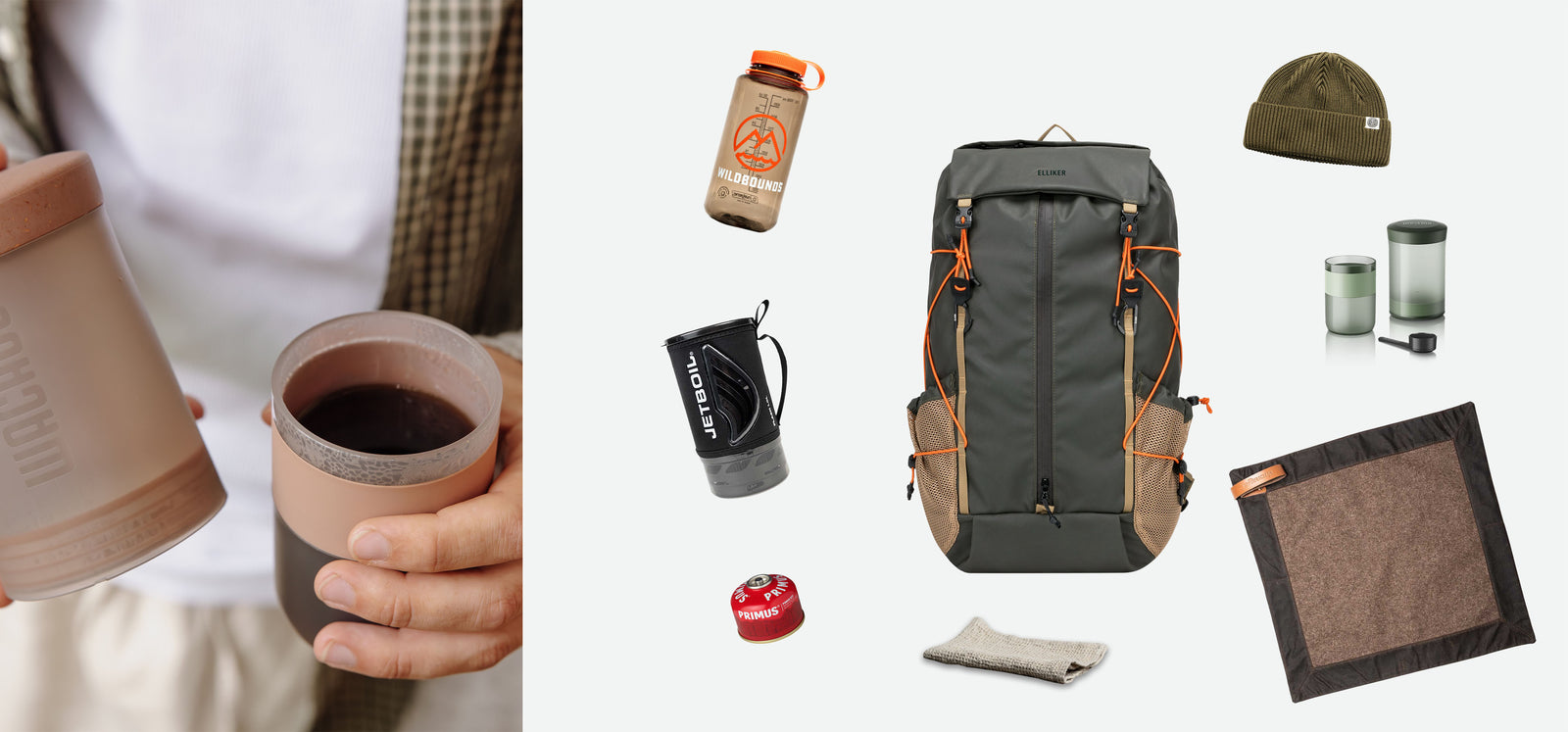 Person holding a reusable coffee cup with outdoor gear collection including hiking backpack, water bottle, beanie