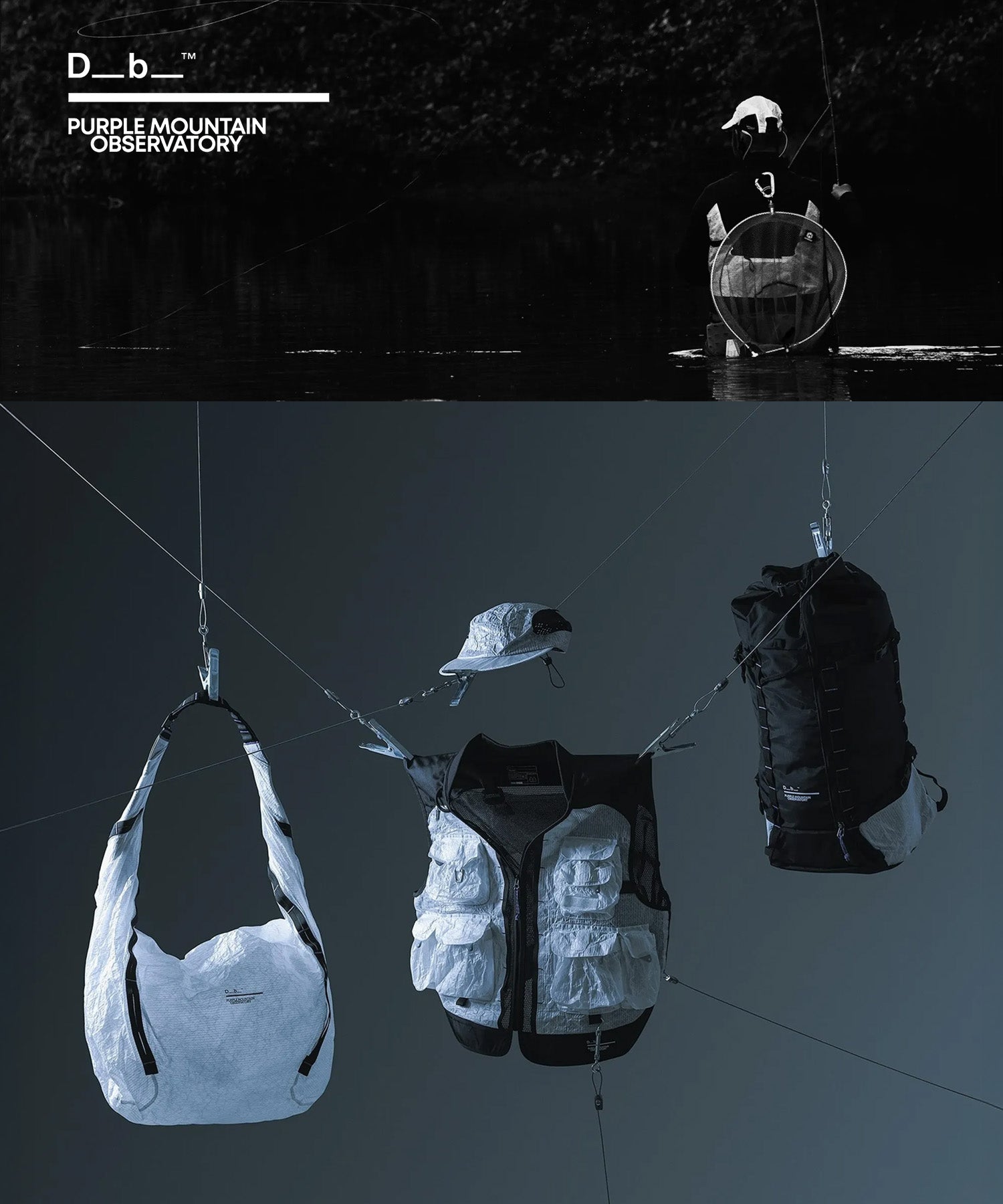 D_b Purple Mountain Observatory collection: outdoor gear including a white shoulder bag, grey gilet