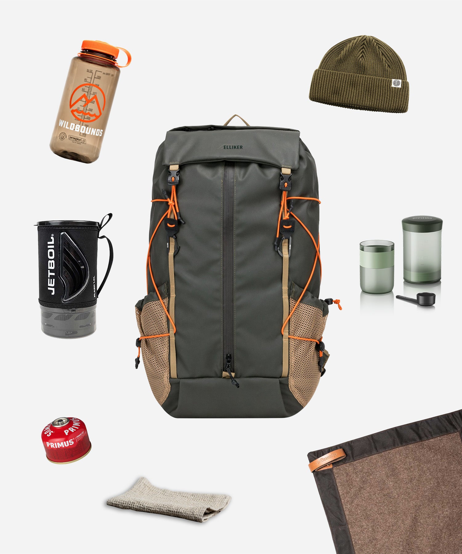 Elliker backpack surrounded by outdoor gear including water bottle, beanie, camping stove, insulated cups