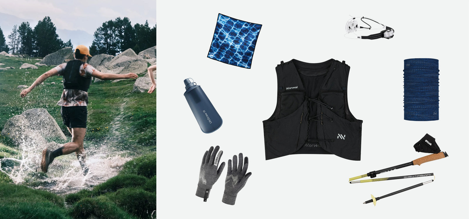 Trail runner splashing through water alongside a flat-lay of outdoor gear including a running vest, water bottle, gloves