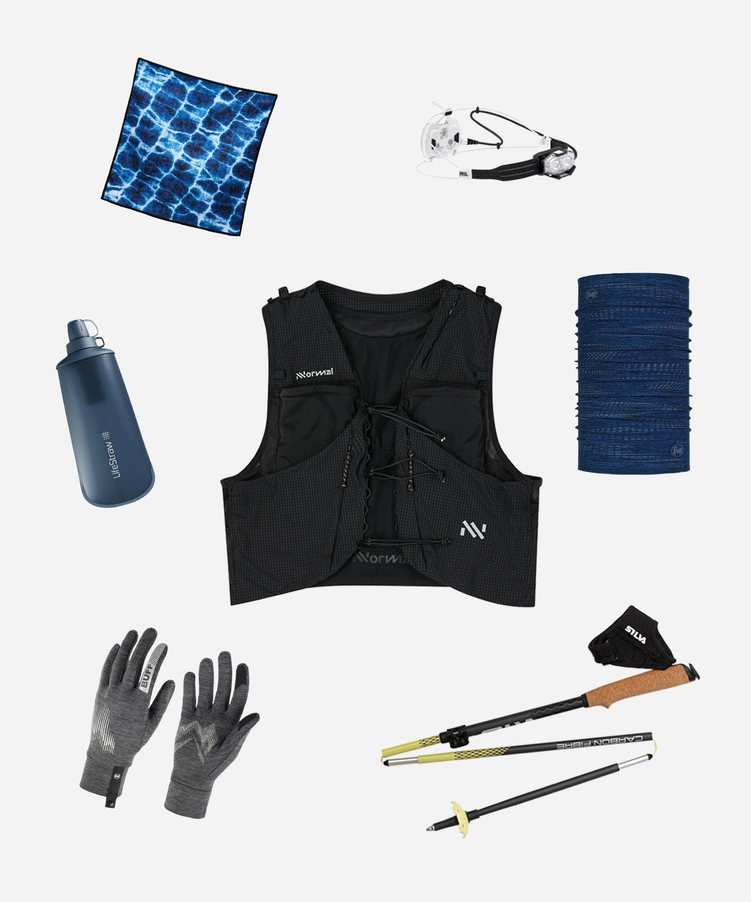Trail running gear collection including a black Norona vest, blue water-resistant towel, snorkel mask, water bottle, gloves