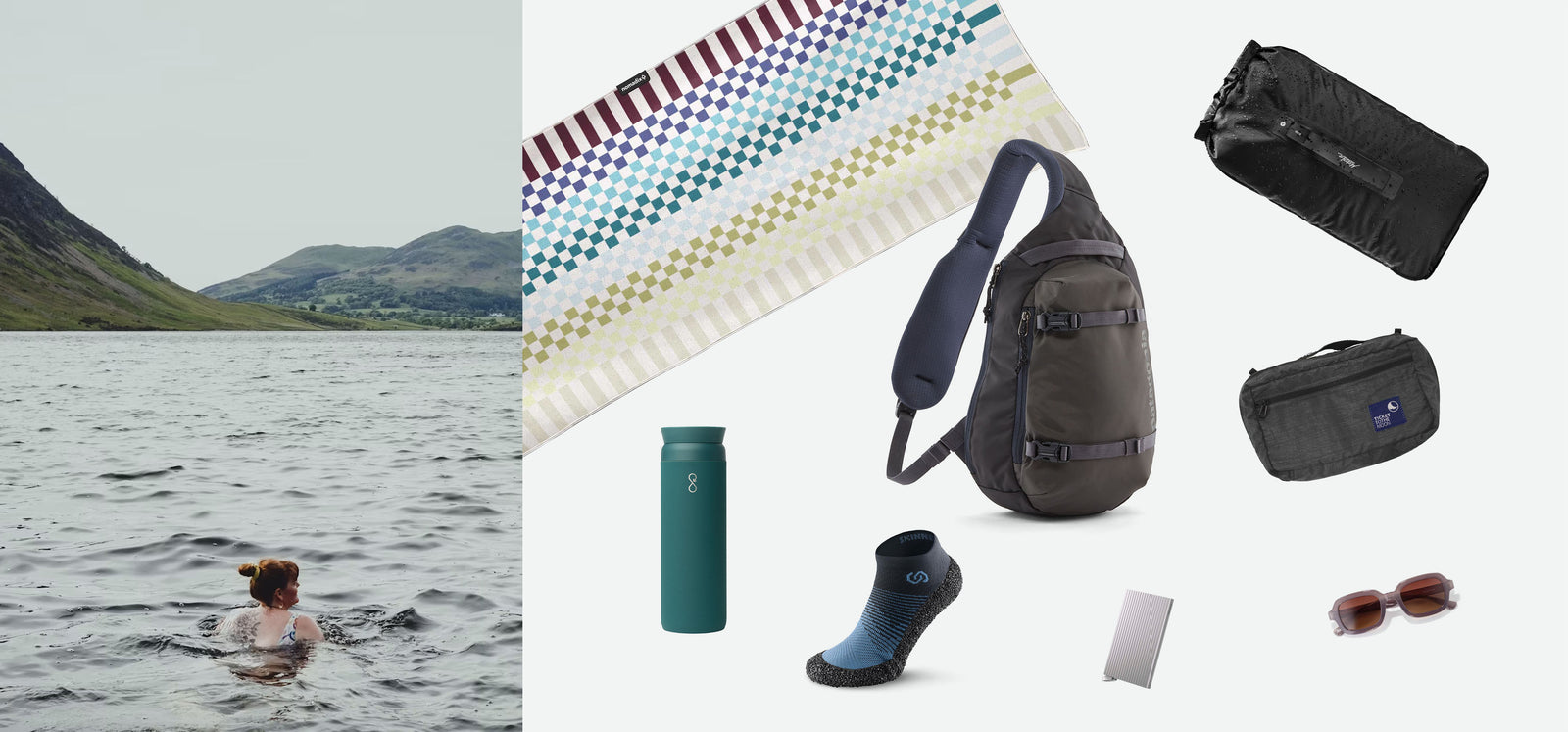 Wild swimmer in a Scottish loch surrounded by outdoor essentials including a sling bag, water bottle, socks, pouches